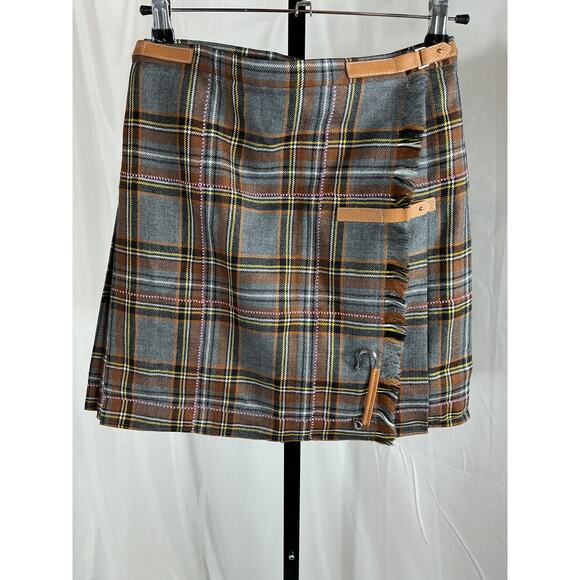 Lafayette 148 Embellished Brown Wool Leather-Trimmed Pleated Checked Wool Mini